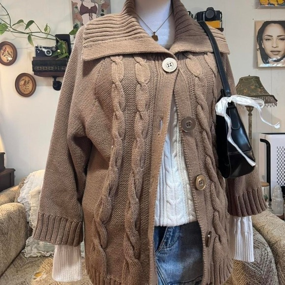 Croft & Barrow Brown Cable Knit Cardigan Sweater XL Oversized Button Front - Picture 2 of 8